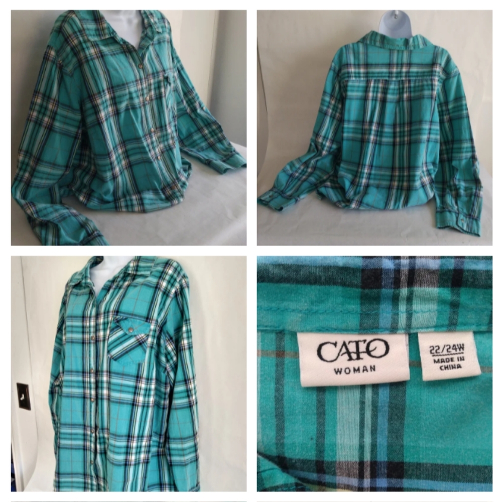 Women's CATO Button down Top, Size 22/24W, Aqua color, bronze front buttons, rol